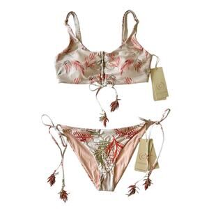 Cosita Linda Beachwear Bikini Set M – Lace-Up Top & Tie Side Bottoms, Beige Palm